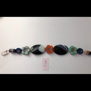 Bracelet w polished black stones & flowers (#9)